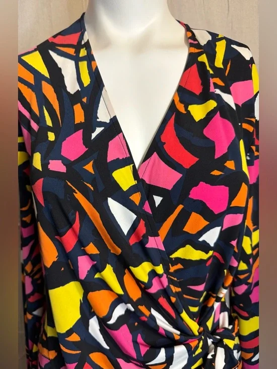 Anne Klein Black Multicolor Abstract Faux-Wrap Long Sleeve Dress Sz L PTP 23 - Picture 3 of 4